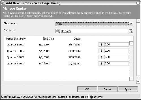 Entering a salesperson's quota. In this example, three salespeople were selected, each of whom will be getting the same quota.