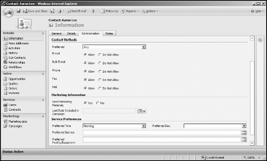 The Administrative tab that's in account, contact, and lead records.