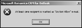 An Outlook message indicating that the contact is marked as Do Not Allow for e-mail.