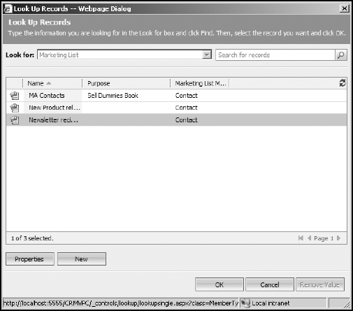 The Look Up Records -Marketing List dialog box.