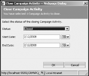 The Close Campaign Activity dialog box.