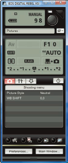 The EOS Utility Remote Shooting control panel