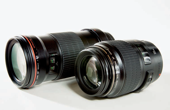 Canon offers several macro lenses, including the EF 180mm f/3.5L Macro USM (left), which offers 1x (life-size) magnification and a minimum focusing distance of 0.48m/1.6 ft. Also shown here is the Canon EF 100mm f/2.8 Macro USM lens.