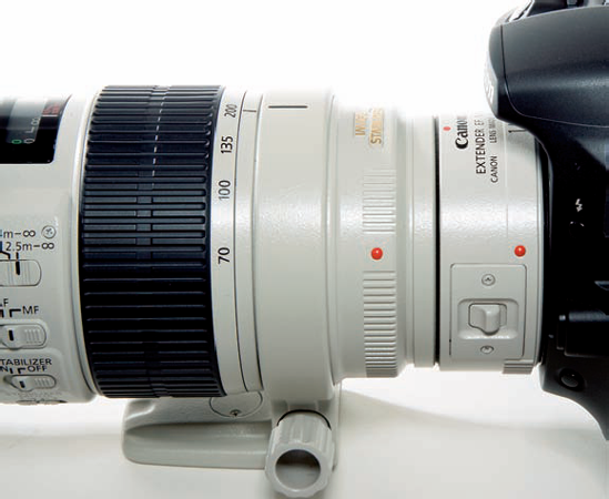 Extenders, such as this Canon EF 1.4x II mounted between the camera body and the lens, extend the range of L-series lenses. They increase the focal length by a factor of 1.4x, in addition to the 1.6x focal length multiplication factor inherent in the camera.