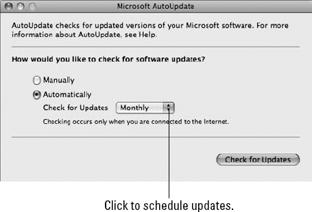 Use the Microsoft AutoUpdate box to update manually or on a schedule.