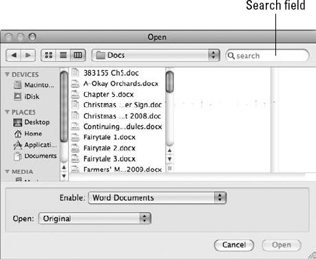 You can use the search feature in the Open dialog box to search for a file to open.