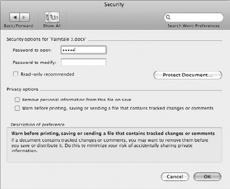 You can use the password fields to specify a password for opening the document or a password for making any changes to the document.