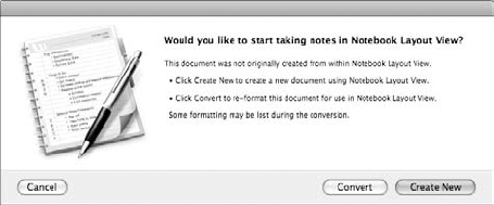 If you switch to Notebook Layout view with an existing document open, Word displays this prompt box.