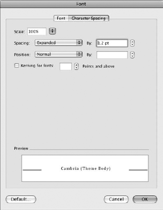The character spacing options are not used often, but they can provide minute control over your text.