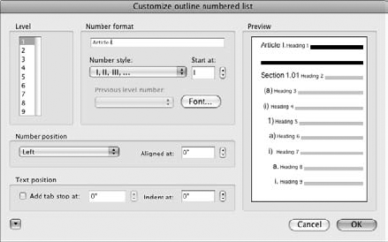 The Customize outline numbered list dialog box enables you to design formal outlines.