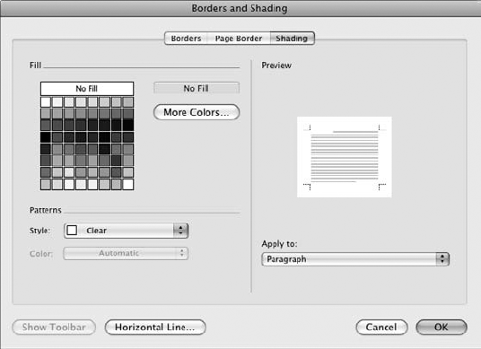 The Shading options are similar in both the Formatting Palette and the Borders and Shading dialog box.