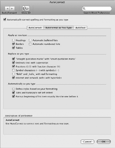 The AutoCorrect preferences panel allows you to toggle AutoFormatting options on and off.