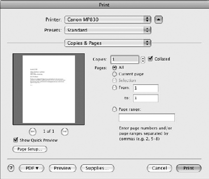 The Print dialog box provides more printing options than the toolbar button.