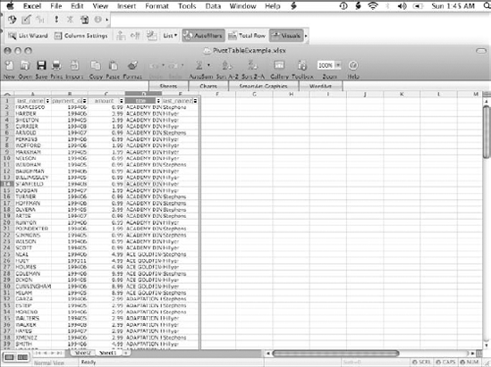 Here is the data that we have returned from a query to use as the basis for the PivotTable report. It includes customer, payment date, amount, movie title, and store manager information.