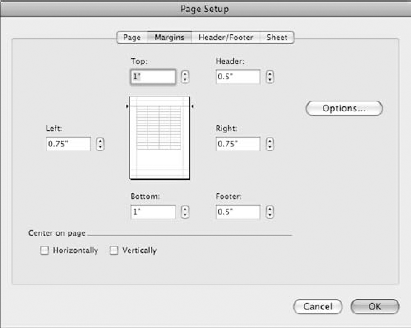 The Margin tab is used to set page margins and centering options.