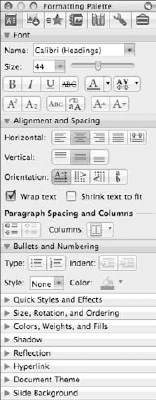 The Toolbox includes a variety of palettes full of tools for common tasks, such as formatting tools.