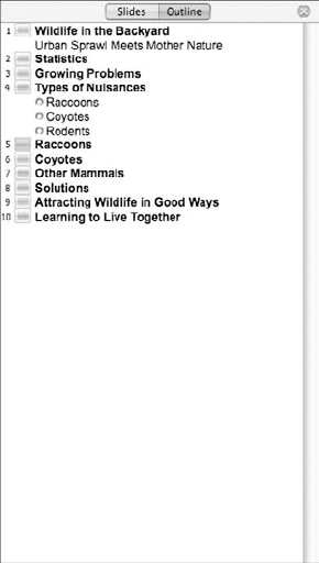 Click the Outline button to view an outlining pane containing all the slides in your presentation in outline format.