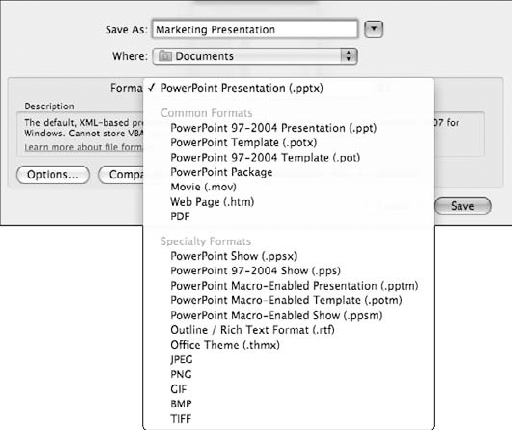 You can choose from a variety of file formats when saving a presentation.