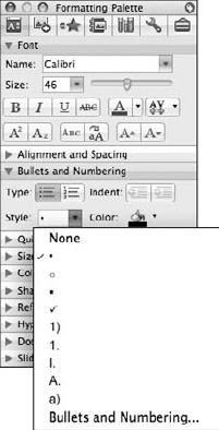 Use the Style pop-up menu to change the bullet or number style for a list.
