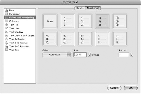 Customize number styles in the Numbering tab.