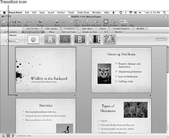 Slides with transitions display a tiny transition icon in Slide Sorter view.
