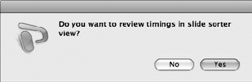 A second prompt box appears to see if you want to switch to Slide Sorter view and see your timings.