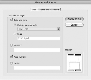 Use the Notes and Handouts tab to set up headers and footers for printed materials.