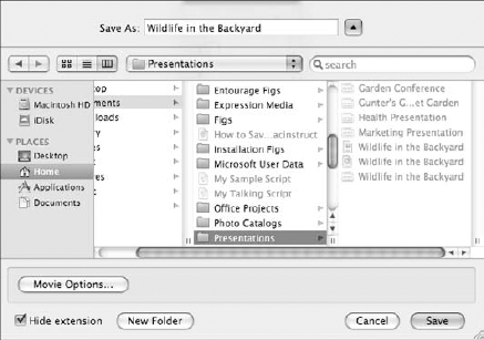 You can turn any presentation into a QuickTime movie and access movie options for optimizing the process.