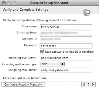 Fill in your e-mail account information in the Verify and Complete Settings window, including your account ID, password, and mail server addresses.