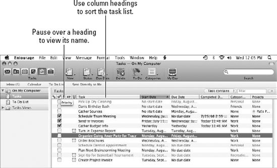 Use the column headings in Tasks view to sort your tasks list.