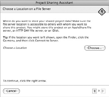 Use the third Project Sharing Assistant screen to choose a server location for the project.