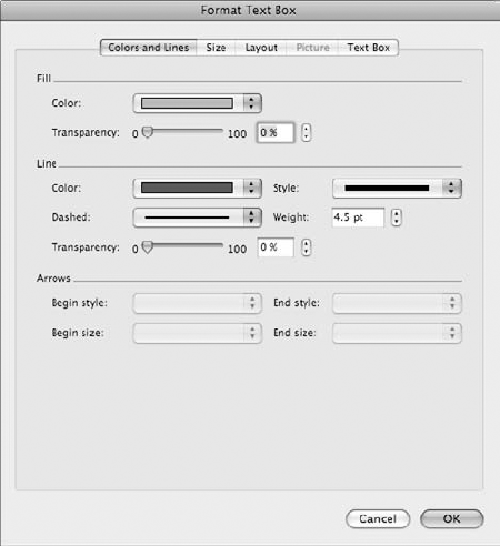 The Format Text Box dialog box arranges options in tabs.