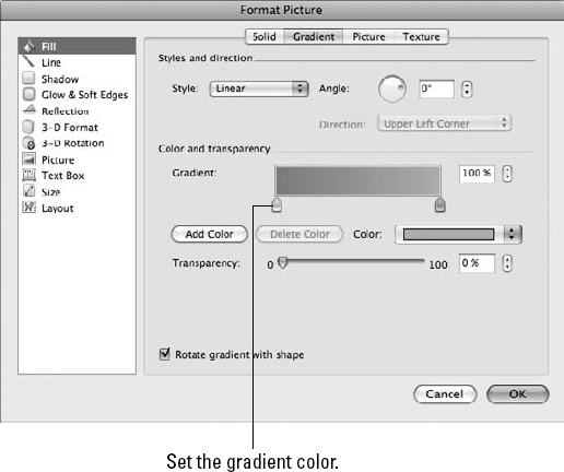 You can set gradient effects for pictures and clip art objects.