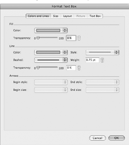 The Format dialog box is the same for shapes, text boxes, and WordArt objects.