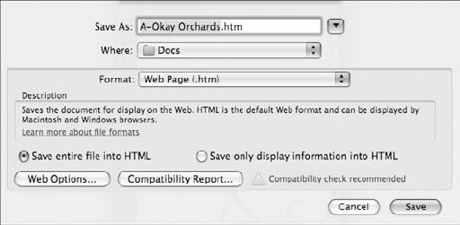 Use the Save As Web Page dialog box to turn any document into a Web page.