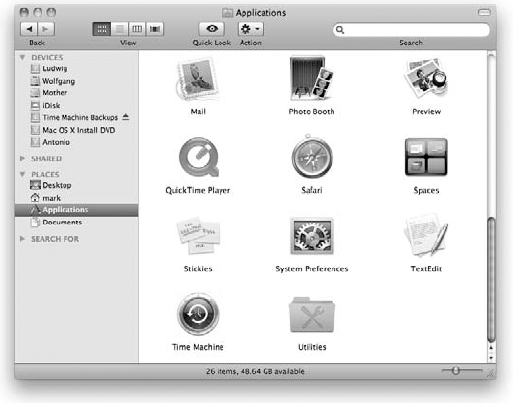 Most Snow Leopard applications are represented by custom icons.