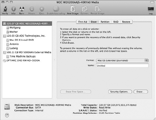 The Disk Utility Erase controls.