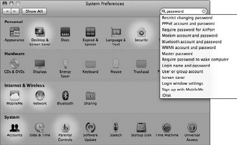 System Preferences highlights the panes that contain your search keywords.