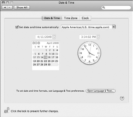 The Date & Time preferences panel.