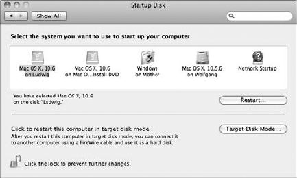 The Startup Disk pane within System Preferences.
