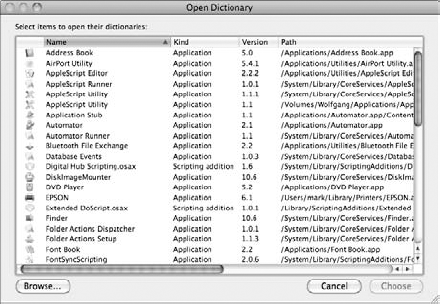 Viewing the AppleScript Dictionary within the AppleScript Editor.