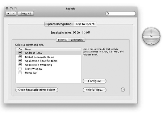 The Commands pane allows you to specify which commands your Mac should hear.