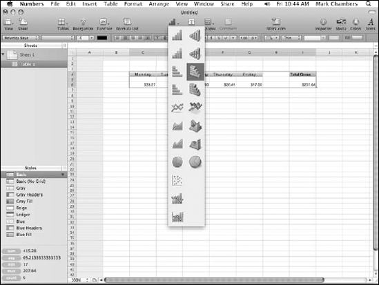 Numbers displays the range of chart styles you can use.