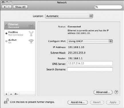 The Network settings for an Ethernet Internet connection.