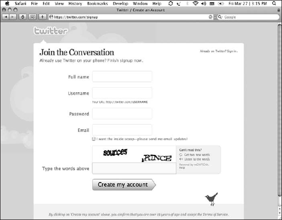 The very short and simple Twitter signup page.