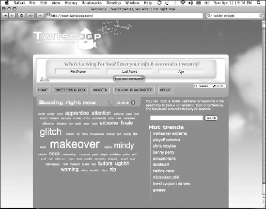 TwitScoop shows you a tag cloud and hot trends.