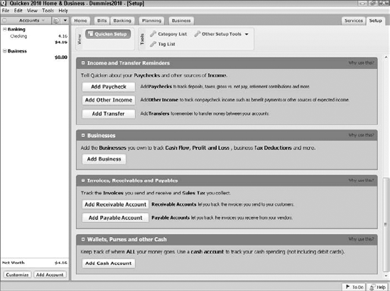 The Income and Transfer Reminders buttons available from the Setup Center window.