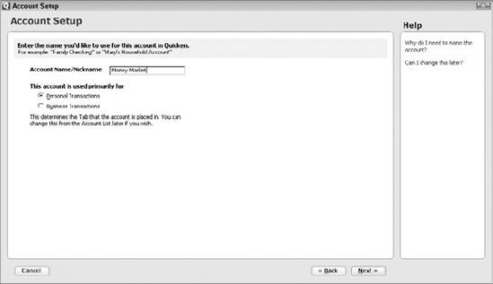 The Tell Quicken About This Account dialog box.