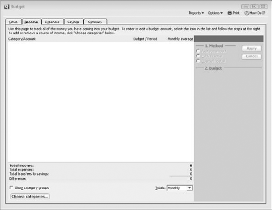 The Income tab in the Budget window.