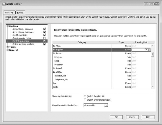 The Setup tab in the Alerts Center dialog box.